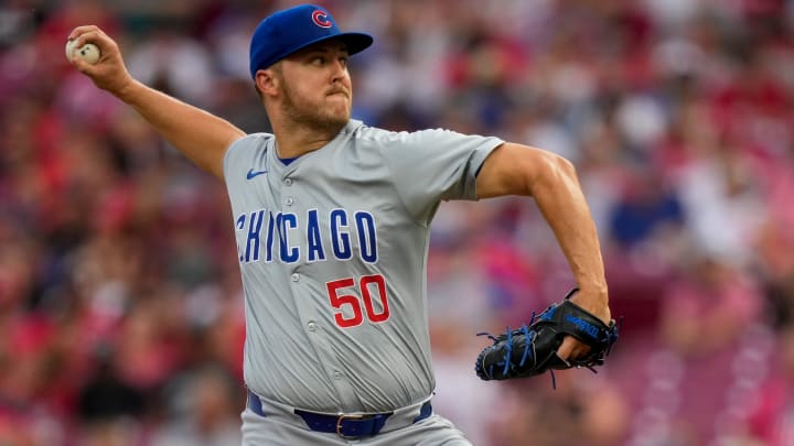 Chicago Cubs starting pitcher Jameson Taillon (50) throws a pitch in the second inning of the MLB National League game between the Cincinnati Reds and the Chicago Cubs at Great American Ball Park in downtown Cincinnati on Monday, July 29, 2024.