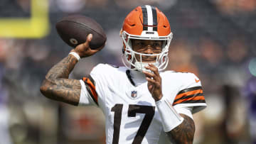 Aug 17, 2024; Cleveland, Ohio, USA; Cleveland Browns quarterback Dorian Thompson-Robinson (17) throws the ball during warm ups before the game against the Minnesota Vikings at Cleveland Browns Stadium.