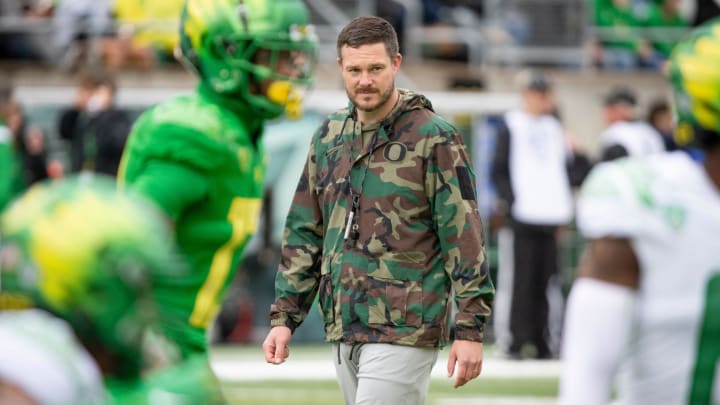 Oregon head coach Dan Lanning walks the field during the Oregon Ducks’ Spring Game Saturday, April 27. 2024 at Autzen Stadium in Eugene, Ore.