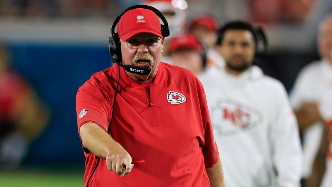 Kansas City Chiefs head coach Andy Reid makes a case with the referee during the first quarter of an NFL football matchup at EverBank Stadium, Monday, Oct. 6, 2025, in Jacksonville, Fla.