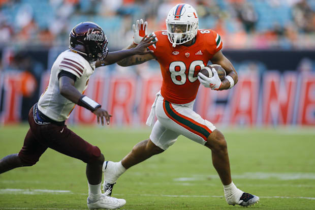 Seattle Seahawks TE Elijah Arroyo during his time with the Miami Hurricanes.