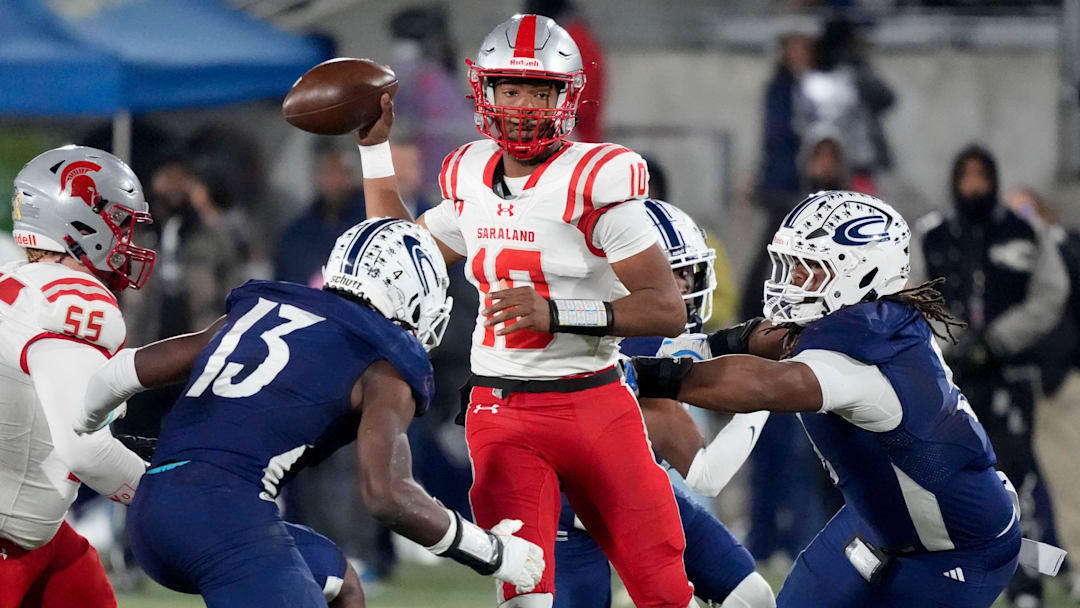 Dec 5, 2025; Birmingham, AL, USA; Saraland's Jamison Roberts (10) throws a pass amid heavy pressure from the Clay-Chalkville defense at Protective Life Stadium in the AHSAA 6A State Championship game.