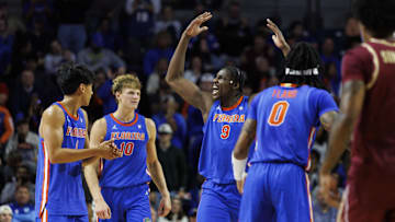 Nov 11, 2025; Gainesville, Florida, USA; Florida Gators center Rueben Chinyelu (9) reacts after a play against the Florida State Seminoles during the second half at Exactech Arena at the Stephen C. O'Connell Center. Mandatory Credit: Morgan Tencza-Imagn Images