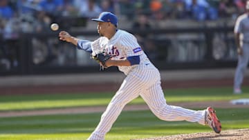 Sep 14, 2025; New York City, New York, USA; New York Mets pitcher Edwin Diaz (39) delivers a pitch against the Texas Rangers during the ninth inning at Citi Field. Mandatory Credit: Gregory Fisher-Imagn Images
