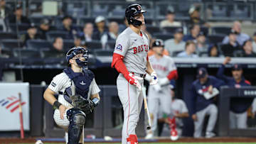 Aug 21, 2025; Bronx, New York, USA;  Boston Red Sox right fielder Roman Anthony (19) hits a two run home run in the ninth inning against the New York Yankees at Yankee Stadium. Mandatory Credit: Wendell Cruz-Imagn Images
