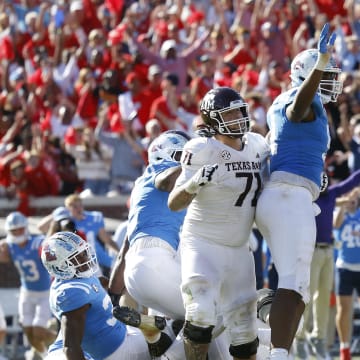 Nov 4, 2023; Oxford, Mississippi, USA; Mississippi Rebels defensive linemen Zxavian Harris (51) and JJ Pegues (89) watch as the Texas A&M Aggies last second field goal attempt misses during the second half at Vaught-Hemingway Stadium. Mandatory Credit: Petre Thomas-USA TODAY Sports