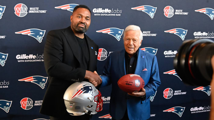 Jan 17, 2024; Foxborough, MA, USA; New England Patriots head coach Jerod Mayo (L) and owner Robert