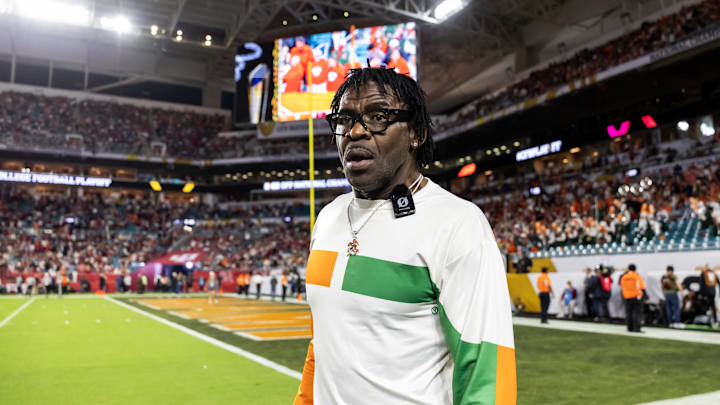 Jan 19, 2026; Miami Gardens, FL, USA; Miami Hurricanes former player Michael Irvin against the Indiana Hoosiers during the College Football Playoff National Championship game at Hard Rock Stadium. Mandatory Credit: Mark J. Rebilas-Imagn Images