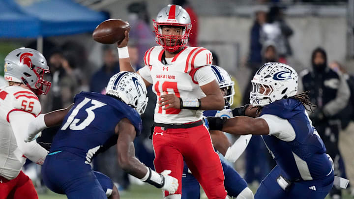 Dec 5, 2025; Birmingham, AL, USA; Saraland's Jamison Roberts (10) throws a pass amid heavy pressure from the Clay-Chalkville defense at Protective Life Stadium in the AHSAA 6A State Championship game.