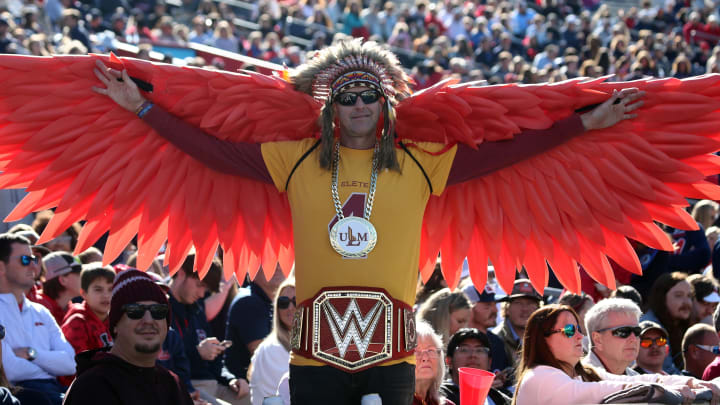 Nov 18, 2023: Louisiana-Monroe Warhawks fans cheer during the first half against the Ole Miss Rebels.