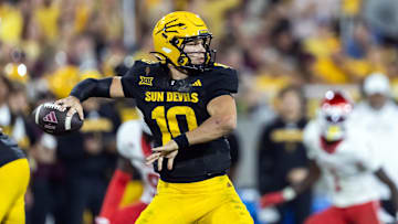 Oct 25, 2025; Tempe, Arizona, USA; Arizona State Sun Devils quarterback Sam Leavitt (10) against the Houston Cougars at Mountain America Stadium. Mandatory Credit: Mark J. Rebilas-Imagn Images