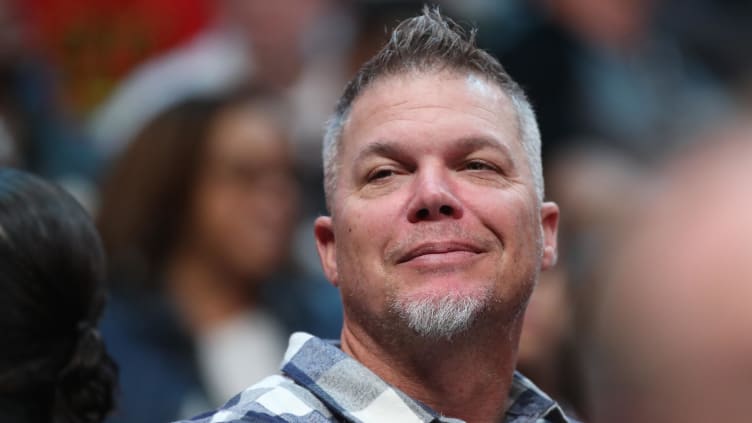 Jan 18, 2020; Atlanta, Georgia, USA; Former Atlanta Braves player Chipper Jones watches the Atlanta