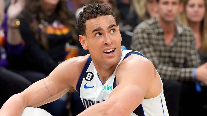 Jan 26, 2023; Phoenix, Arizona, USA; Dallas Mavericks center Dwight Powell (7) reacts after getting fouled in the first half against the Phoenix Suns at Footprint Center. Mandatory Credit: Rick Scuteri-USA TODAY Sports