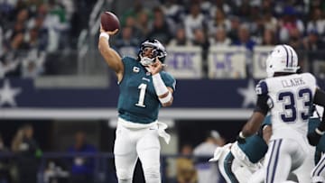 Dec 10, 2023; Arlington, Texas, USA;  Philadelphia Eagles quarterback Jalen Hurts (1) throws a pass in the first quarter against the Dallas Cowboys at AT&T Stadium. Mandatory Credit: Tim Heitman-Imagn Images