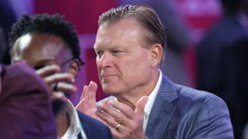 Jun 25, 2025; Brooklyn, NY, USA;  Illinois Fighting Illini mens basketball head coach Brad Underwood reacts after Will Riley is selected as the 21st pick by the Utah Jazz in the first round of the 2025 NBA Draft at Barclays Center. Mandatory Credit: Brad Penner-Imagn Images
