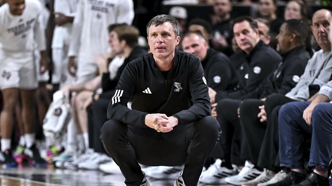 Jan 21, 2026; College Station, Texas, USA; Texas A&M Aggies head coach Bucky McMillan looks on during the second half against the Mississippi State Bulldogs at Reed Arena. Mandatory Credit: Maria Lysaker-Imagn Images 