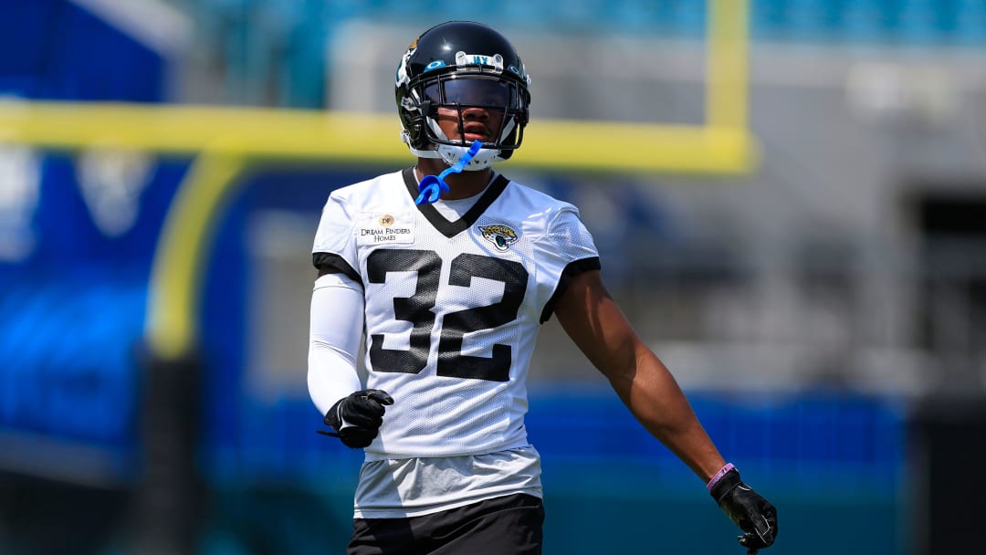 Jacksonville Jaguars cornerback Tyson Campbell (32) looks on during an organized team activity Tuesday, May 30, 2023 at TIAA Bank Field in Jacksonville, Fla.