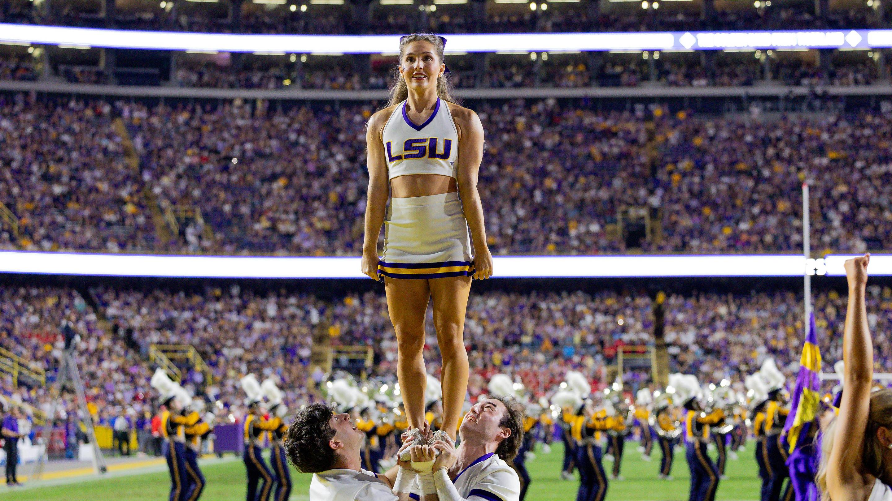 LSU Tigers cheerleaders perform for the fans at Tiger Stadium.