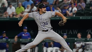 May 13, 2025; Arlington, Texas, USA; Colorado Rockies pitcher Zach Agnos (36) throws to the plate during the eighth inning against the Texas Rangers at Globe Life Field. Mandatory Credit: Raymond Carlin III-Imagn Images