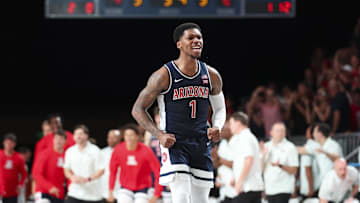 Nov 28, 2024;  Paradise Island, Bahamas, BHS; Arizona Wildcats guard Caleb Love (1) reacts during the second half against the Oklahoma Sooners in the Imperial Arena at the Atlantis Resort.  Mandatory Credit: Kevin Jairaj-Imagn Images