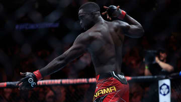 David Onama reacts to his win in a featherweight bout during the UFC Fight Night event Saturday,