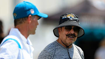 Owner Shad Khan talks with general manager Trent Baalke Monday, Aug. 14, 2023 at Miller Electric Center at EverBank Stadium in Jacksonville, Fla. Today was the 14th training camp session.