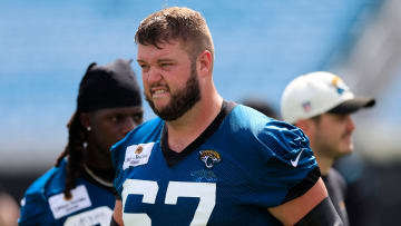 Jacksonville Jaguars offensive tackle Chandler Brewer (67) walks off the field after the third and final day of a mandatory minicamp Monday, June 12, 2023 at TIAA Bank Field in Jacksonville, Fla.