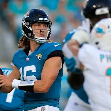 Jacksonville Jaguars quarterback Trevor Lawrence (16) looks to pass during the first quarter of a preseason matchup Saturday, Aug. 26, 2023 at EverBank Stadium in Jacksonville in 2023.