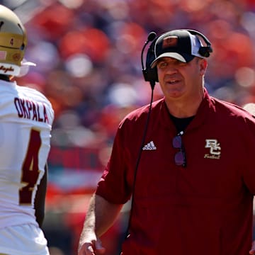 Oct 5, 2024; Charlottesville, Virginia, USA; Boston College Eagles head coach Bill O'Brien looks on during the second quarter against the Virginia Cavaliers at Scott Stadium. Mandatory Credit: Peter Casey-Imagn Images