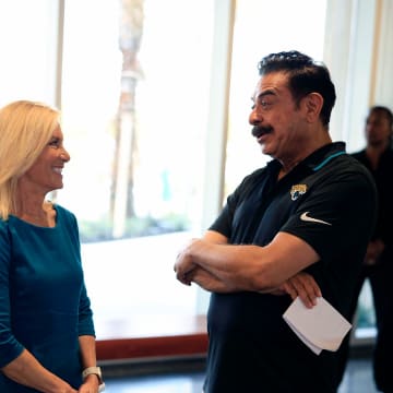 Mayor Donna Deegan and Jacksonville Jaguars owner Shad Khan talk Tuesday, July 18, 2023 at the new Miller Electric Center at EverBank Stadium in Jacksonville, Fla. Selected guests and media witnessed speeches, a ribbon cutting and tour of the new facilities.