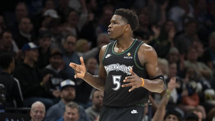 Mar 3, 2026; Minneapolis, Minnesota, USA; Minnesota Timberwolves guard Anthony Edwards (5) celebrates after a three point basket against the Memphis Grizzlies in the second half at Target Center. Mandatory Credit: Jesse Johnson-Imagn Images