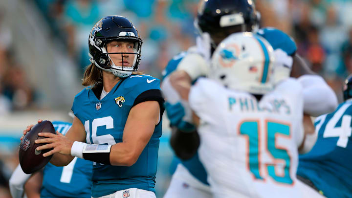 Jacksonville Jaguars quarterback Trevor Lawrence (16) looks to pass during the first quarter of a preseason matchup Saturday, Aug. 26, 2023 at EverBank Stadium in Jacksonville in 2023.