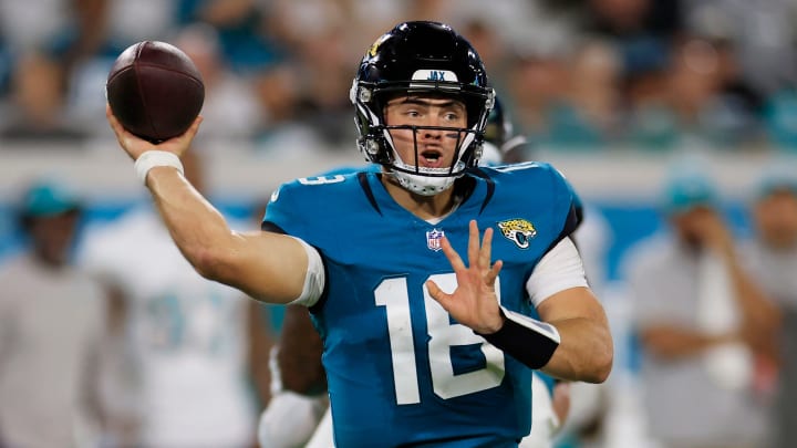 Jacksonville Jaguars quarterback Nathan Rourke (18) throws the ball during the fourth quarter of a preseason matchup Saturday, Aug. 26, 2023 at EverBank Stadium in Jacksonville, Fla. The game was suspended in the fourth after Miami Dolphins wide receiver Daewood Davis (87) was injured on a play with the Jaguars leading 31-18.