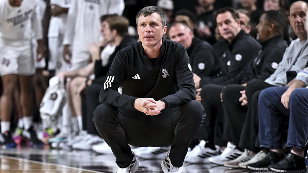 Jan 21, 2026; College Station, Texas, USA; Texas A&M Aggies head coach Bucky McMillan looks on during the second half against the Mississippi State Bulldogs at Reed Arena. Mandatory Credit: Maria Lysaker-Imagn Images 