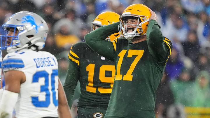 Nov 3, 2024; Green Bay, Wisconsin, USA;  Green Bay Packers kicker Brandon McManus (17) reacts after missing a field goal during the second quarter against the Detroit Lions at Lambeau Field. Mandatory Credit: Jeff Hanisch-Imagn Images