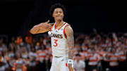 Dec 7, 2024; Coral Gables, Florida, USA; Miami Hurricanes guard Jalil Bethea (3) celebrates after scoring against the Clemson Tigers during the second half at Watsco Center. Mandatory Credit: Sam Navarro-Imagn Images