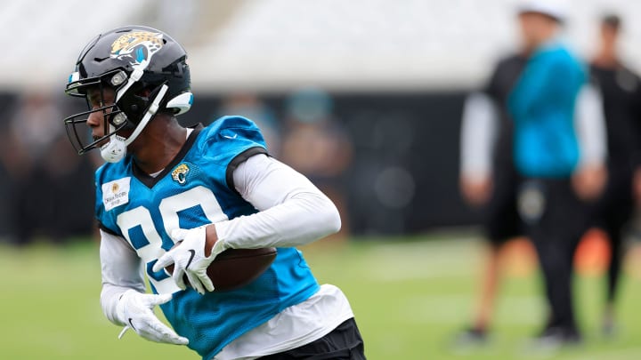 Jacksonville Jaguars wide receiver Kevin Austin Jr. (80) turns the corner during the first day of a mandatory minicamp Monday, June 12, 2023 at TIAA Bank Field in Jacksonville, Fla. This is the first of a three day camp June 12-14.