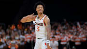 Dec 7, 2024; Coral Gables, Florida, USA; Miami Hurricanes guard Jalil Bethea (3) celebrates after scoring against the Clemson Tigers during the second half at Watsco Center. Mandatory Credit: Sam Navarro-Imagn Images