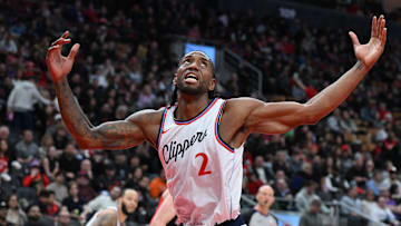 Feb 2, 2025; Toronto, Ontario, CAN; Los Angeles Clippers forward Kawhi Leonard (2) reacts as he waits for a rebound to fall against the Toronto Raptors in the second half at Scotiabank Arena. Mandatory Credit: Dan Hamilton-Imagn Images