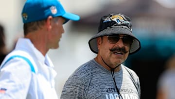 Owner Shad Khan talks with general manager Trent Baalke Monday, Aug. 14, 2023 at Miller Electric Center at EverBank Stadium in Jacksonville, Fla. Today was the 14th training camp session.