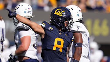 Aug 31, 2024; Berkeley, California, USA; California Golden Bears wide receiver Mikey Matthews (8) gestures after catching a pass for a first down against the UC Davis Aggies during the third quarter at California Memorial Stadium. Mandatory Credit: Darren Yamashita-Imagn Images
