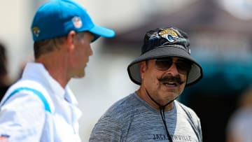 Owner Shad Khan talks with general manager Trent Baalke Monday, Aug. 14, 2023 at Miller Electric Center at EverBank Stadium in Jacksonville, Fla. Today was the 14th training camp session.