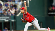 Aug 26, 2025; Arlington, Texas, USA; Los Angeles Angels starting pitcher Yusei Kikuchi (16) throws during the first inning against the Texas Rangers at Globe Life Field. Mandatory Credit: Kevin Jairaj-Imagn Images