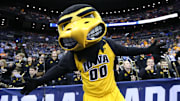 Mar 24, 2019; Columbus, OH, USA; Iowa Hawkeyes mascot Herky the Hawk before the game against the Tennessee Volunteers in the second round of the 2019 NCAA Tournament at Nationwide Arena. Mandatory Credit: Kevin Jairaj-Imagn Images