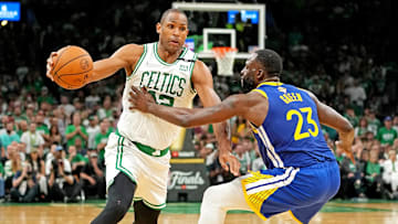 Jun 16, 2022; Boston, Massachusetts, USA; Boston Celtics center Al Horford (42) drives to the basket against Golden State Warriors forward Draymond Green (23) during the fourth quarter in game six of the 2022 NBA Finals at TD Garden. Mandatory Credit: Kyle Terada-Imagn Images