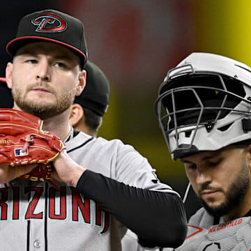 Aug 11, 2025; Arlington, Texas, USA; Arizona Diamondbacks starting pitcher Ryne Nelson (19) leaves the game against the Texas Rangers during the sixth inning at Globe Life Field. Mandatory Credit: Jerome Miron-Imagn Images