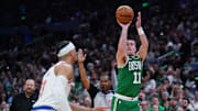 May 7, 2025; Boston, Massachusetts, USA; Boston Celtics guard Payton Pritchard (11) shoots for three points against the New York Knicks in the second half during game two of the second round for the 2025 NBA Playoffs at TD Garden. Mandatory Credit: David Butler II-Imagn Images