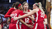 Indiana players Chloe Moore-McNeil (22), Yarden Garzon (12), Sydney Parrish (33), Lilly Meister and Shay Ciezki devise a plan during their Big Ten Tournament quarterfinal game against Southern California at Gainbridge Fieldhouse on March 7, 2025.