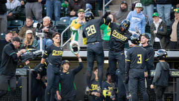 Oregon outfielder Bryce Boettcher celebrates a home run as the Oregon Ducks host the Oregon State Beavers Tuesday, April 30, 2024, at PK Park in Eugene, Ore.