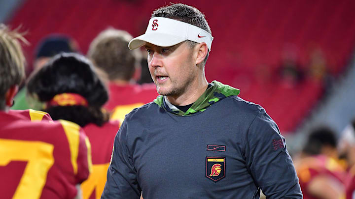 Nov 11, 2022; Los Angeles, California, USA; Southern California Trojans head coach Lincoln Riley before the game against the Colorado Buffaloes at the Los Angeles Memorial Coliseum. Mandatory Credit: Gary A. Vasquez-Imagn Images